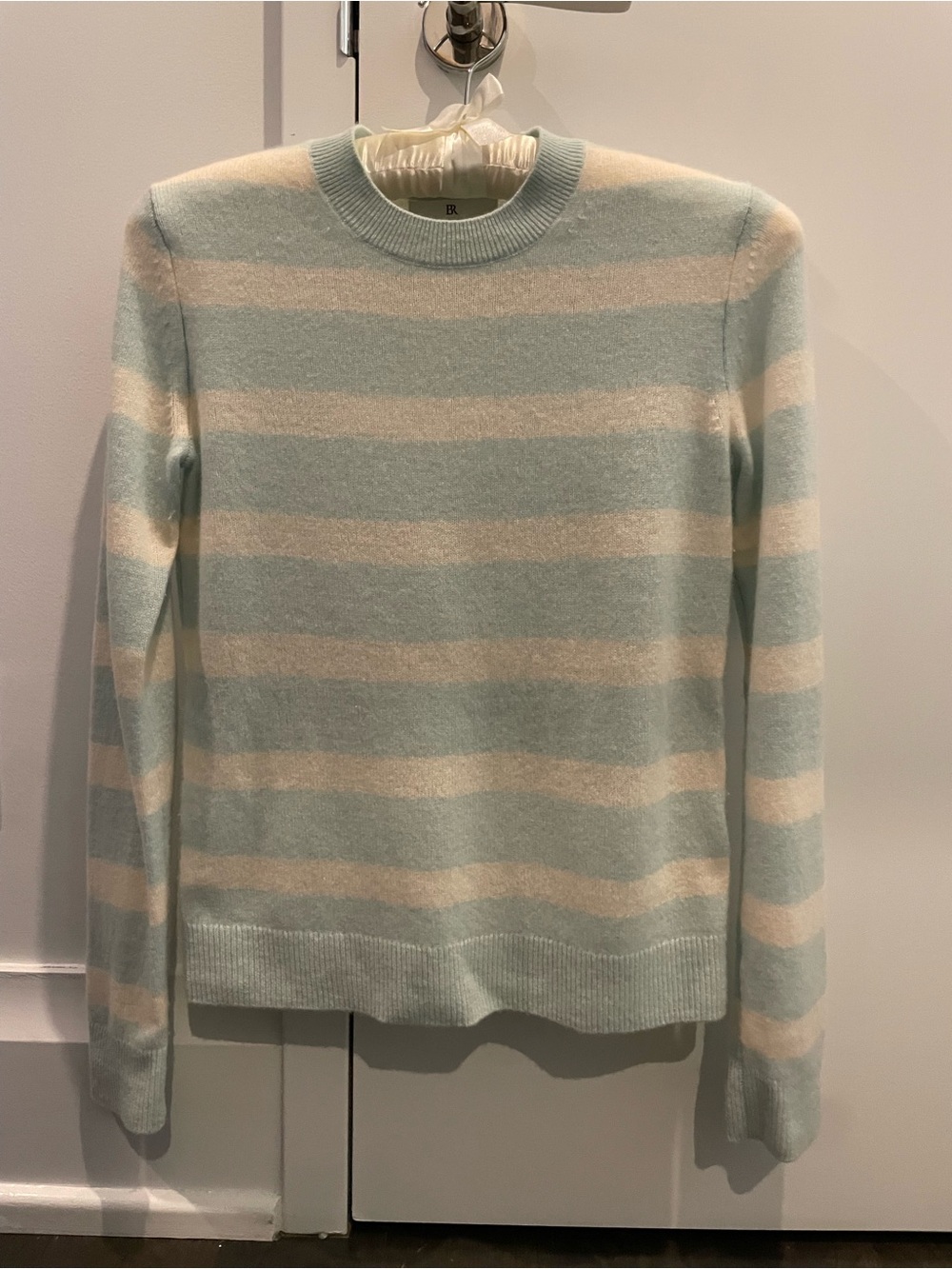 Banana Republic Light Blue and Cream Striped Crewneck Sweater